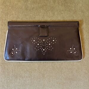 Cole Haan,Black Genuine Leather,Perforated Butterfly Design,White Trim Clutch